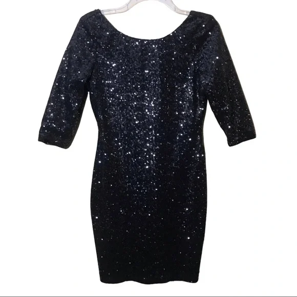 black sequin dress size 16 Lustrous Black Sequin Net Stretchable Aline Dress